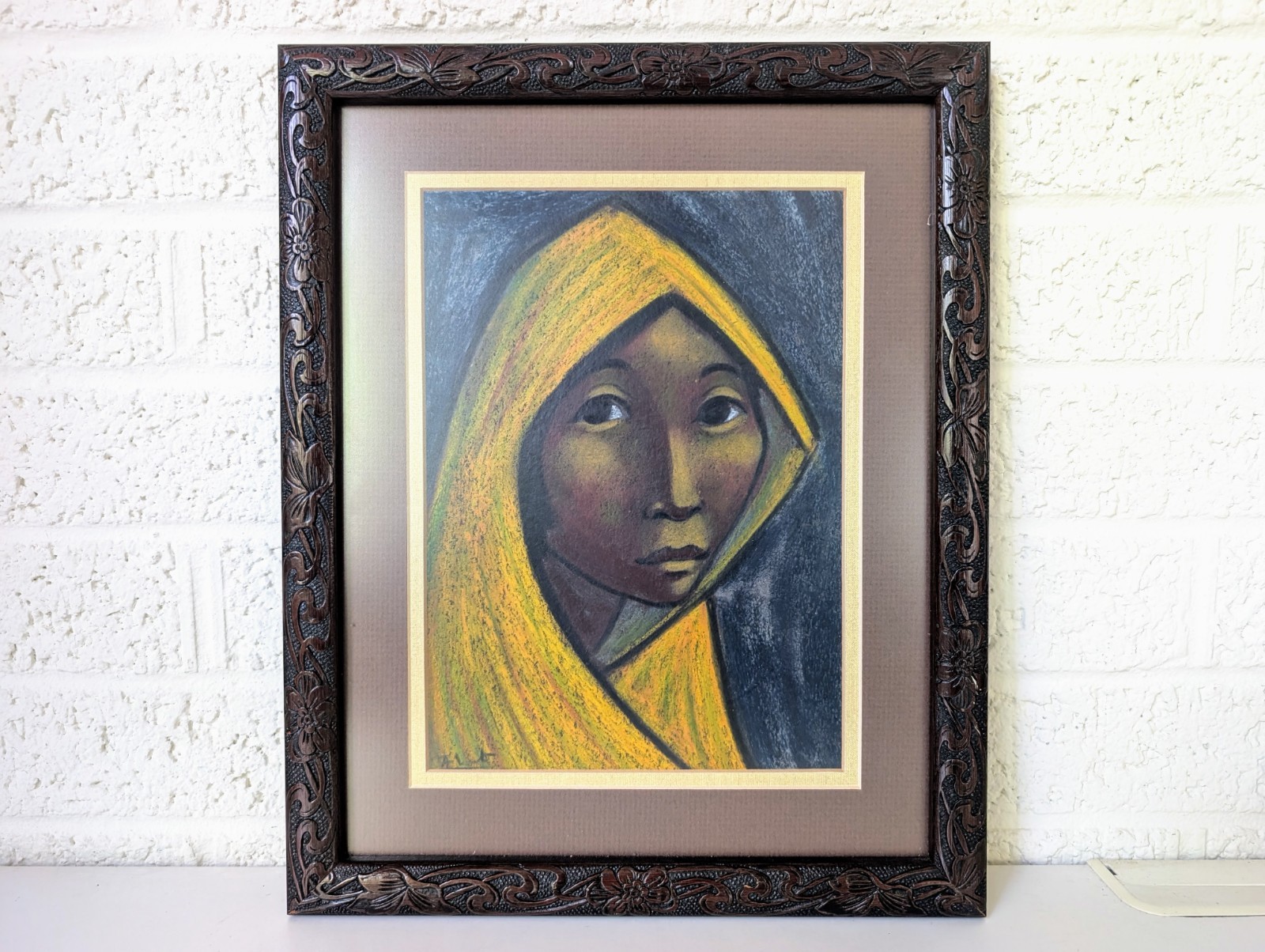 Vintage Arturo Nieto Pastel Oil Painting | Girl in Yellow Head Scarf