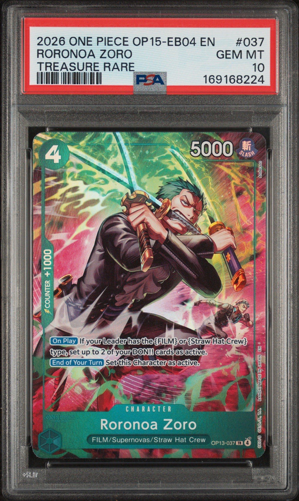 2026 ONE PIECE ADVENTURE ON KAMI\'S ISLAND TREASURE RARE #037 RORONOA ZORO PSA 10
