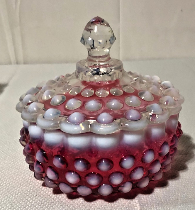 Vintage Fenton Opalescent Hobnail Cranberry Glass Covered Candy Dish/Jar/Lid