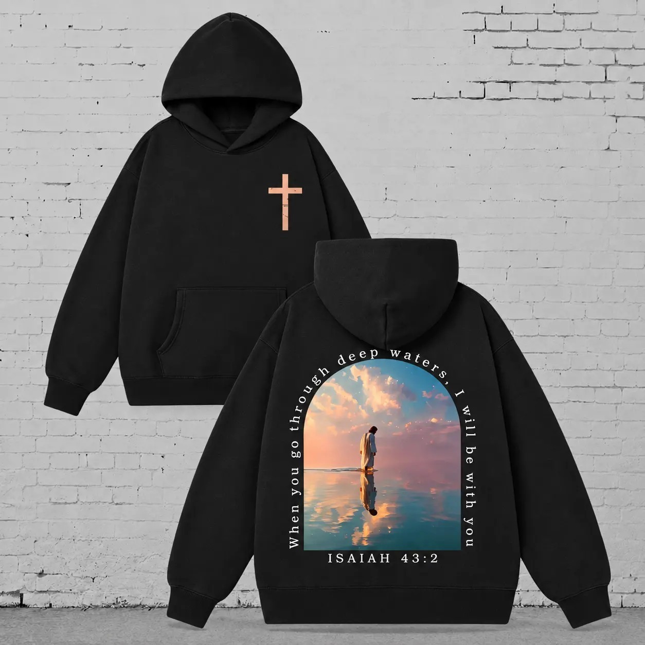 Isaiah 43:2 Cross Graphic Vintage Washed Unisex Christian Hoodie Isaiah 43:2 Cross Graphic Vintage Washed Unisex Christian Hoodie
