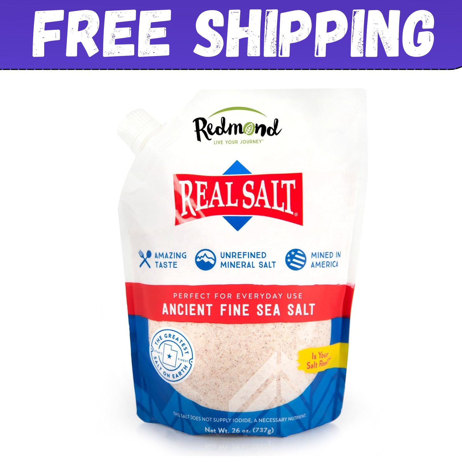 REDMOND Real Sea Salt Natural Unrefined Gluten Free Fine, 26 Ounce Pouch 1 Pack
