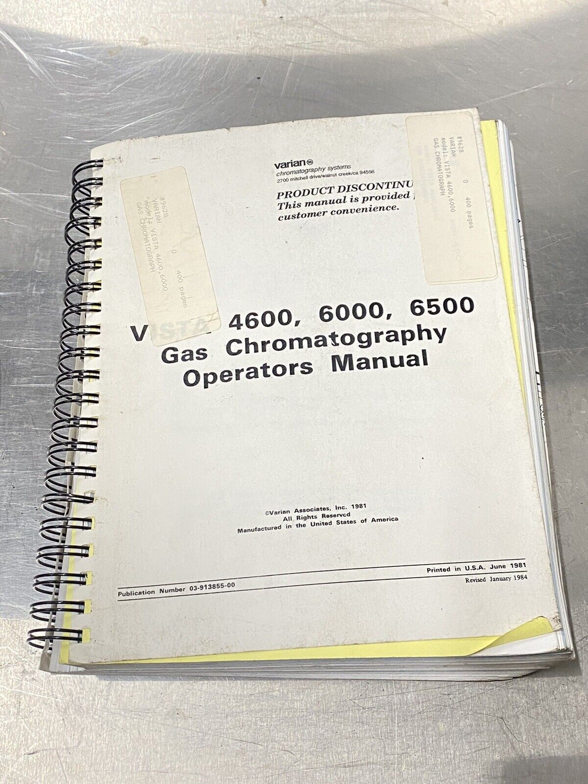 Varian Gas Chromatograph Vista 4600, 6000, 6500 - Users Guide / Manual Varian Gas Chromatograph Vista 4600, 6000, 6500 - Users Guide / Manual