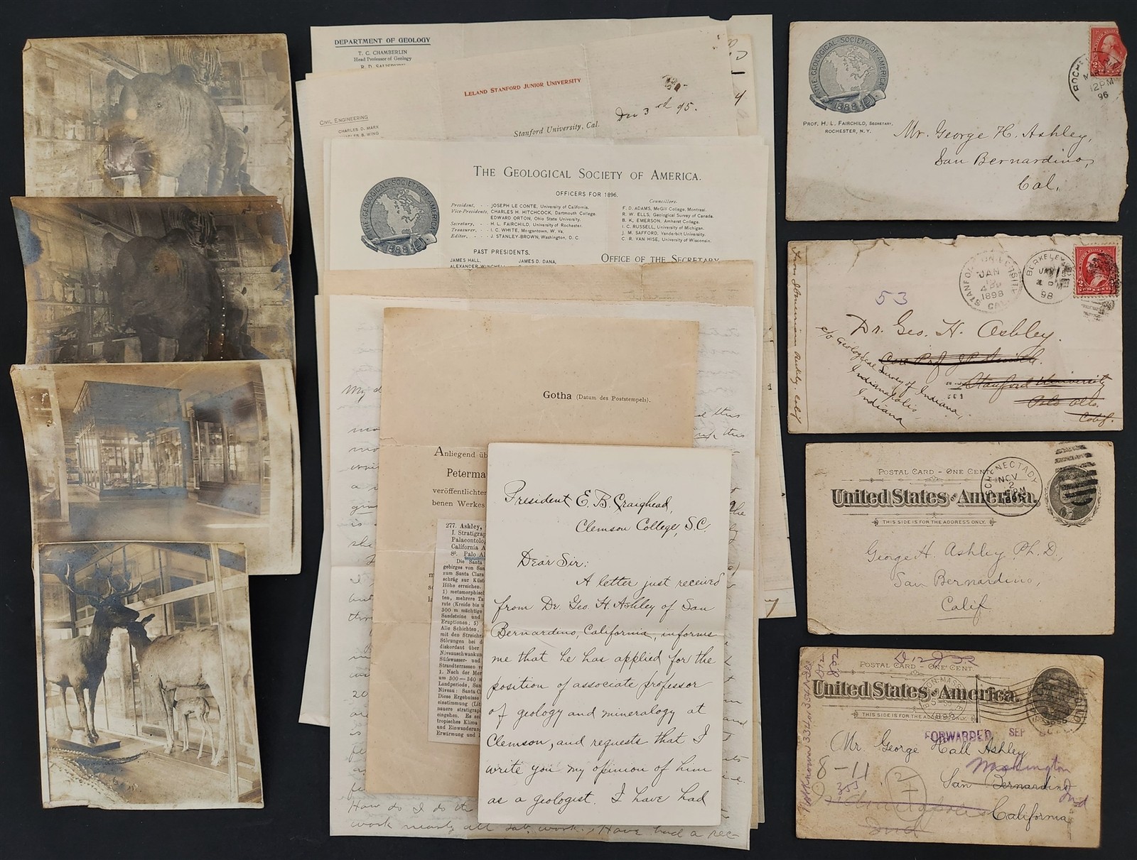 antique GEORGE HALL ASHLEY san berdino GEOLOGIST lot LETTERS & TAXIDERMY PHOTO 