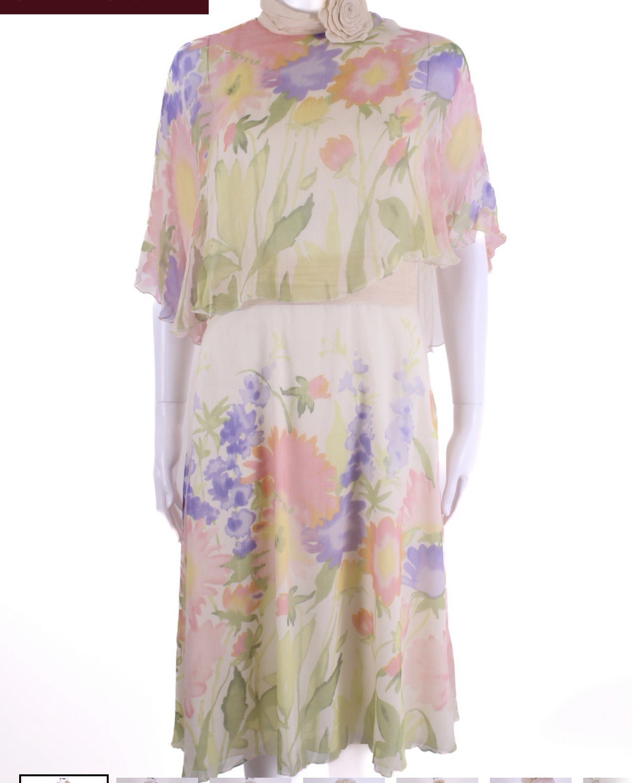 VTG RED VALENTINO Chiffon Cape Silk Midi Dress 44 8 Cream Pastel Floral Rosette