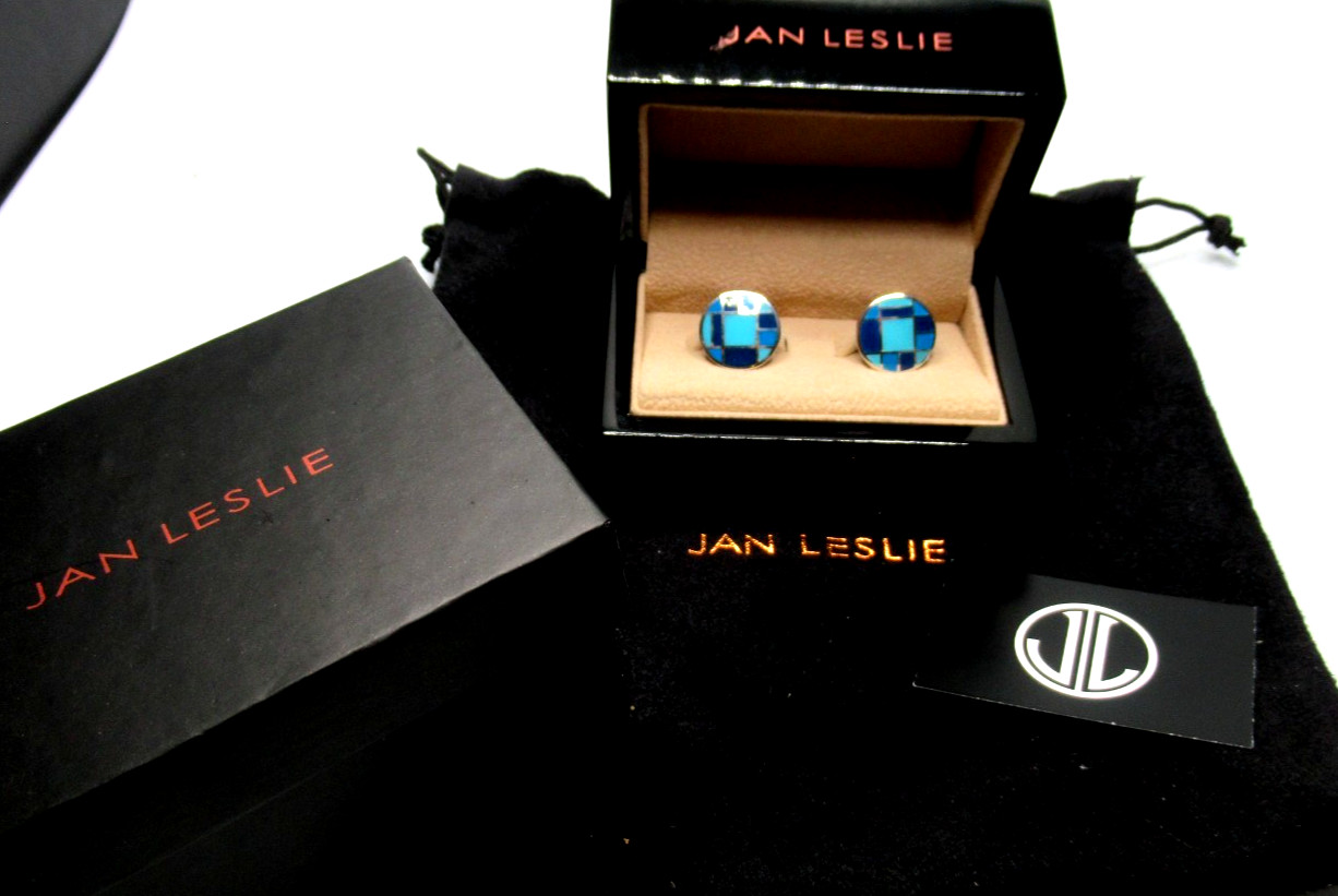 JAN LESLIE Sterling Silver Purple Blue Enamel Cuff Links In Original Box & Pouch