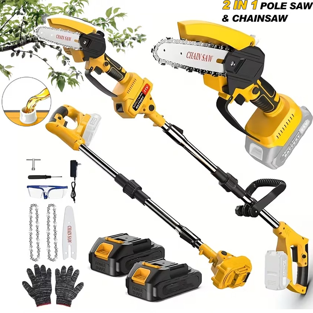 2 in1 Cordless Pole Saw Brushless Mini Chainsaw for Tree Trimming w/ 2 Batteries