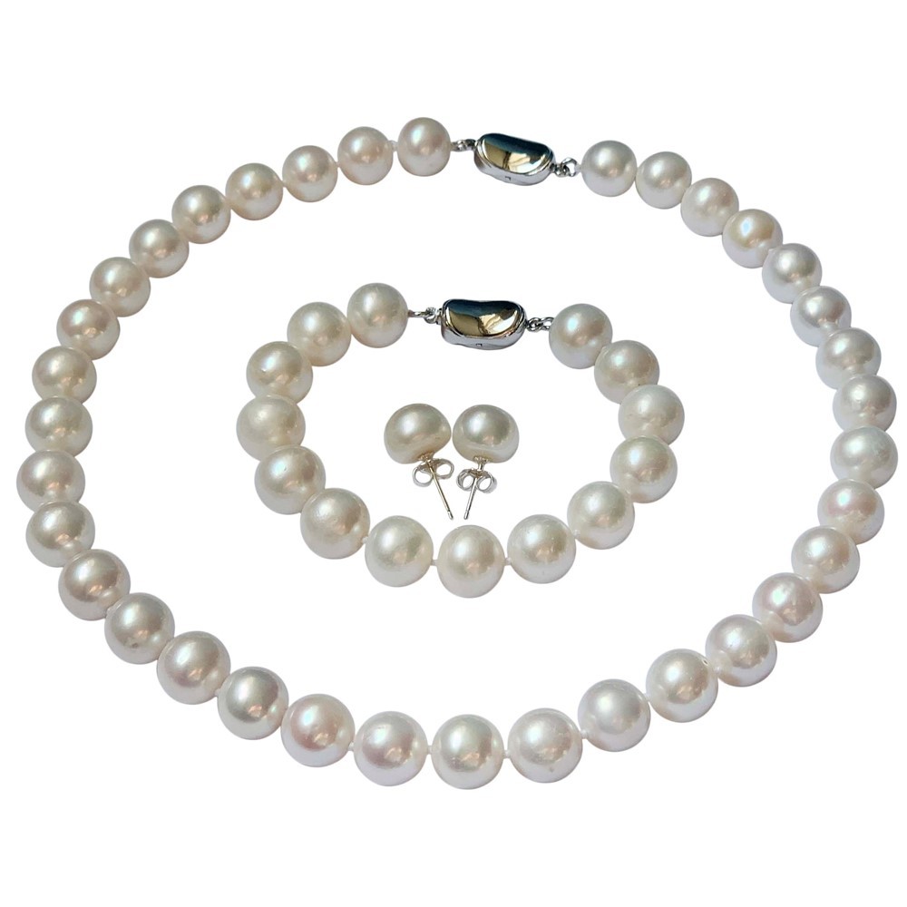 18 Inch Set ROUND 11-12mm White Large Pearl Necklace Earring Bracelet Cultured