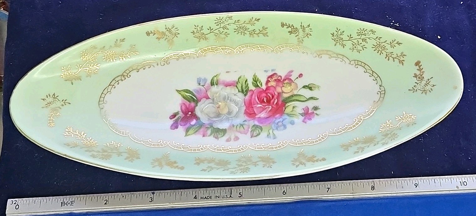 Antique Aynsley Bone China Oval Platter Hand Painted Floral Green Gold 15\