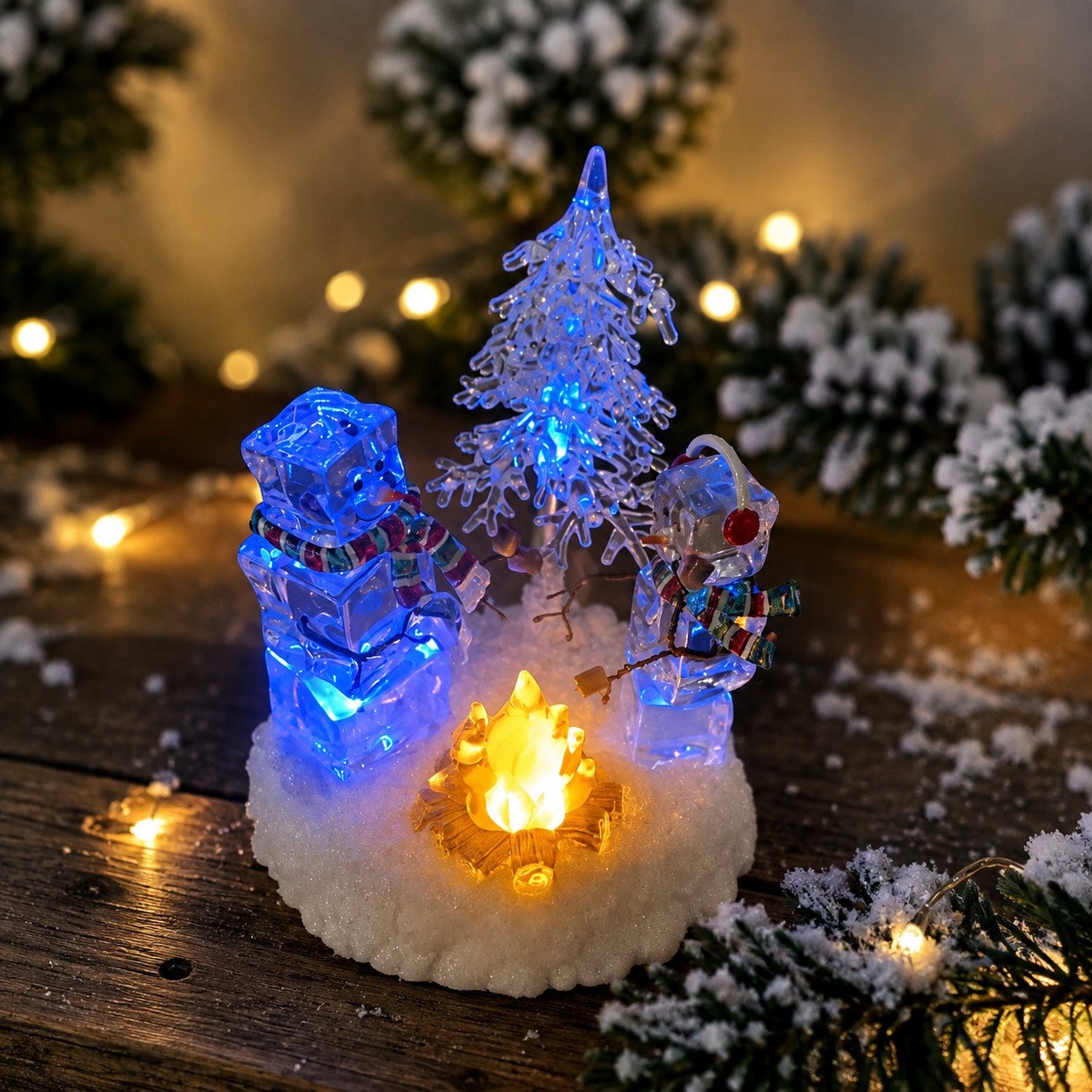 Vintage JCPenney Roly Polys Lighted 3 Snowmen Campfire Tree Christmas Figurine