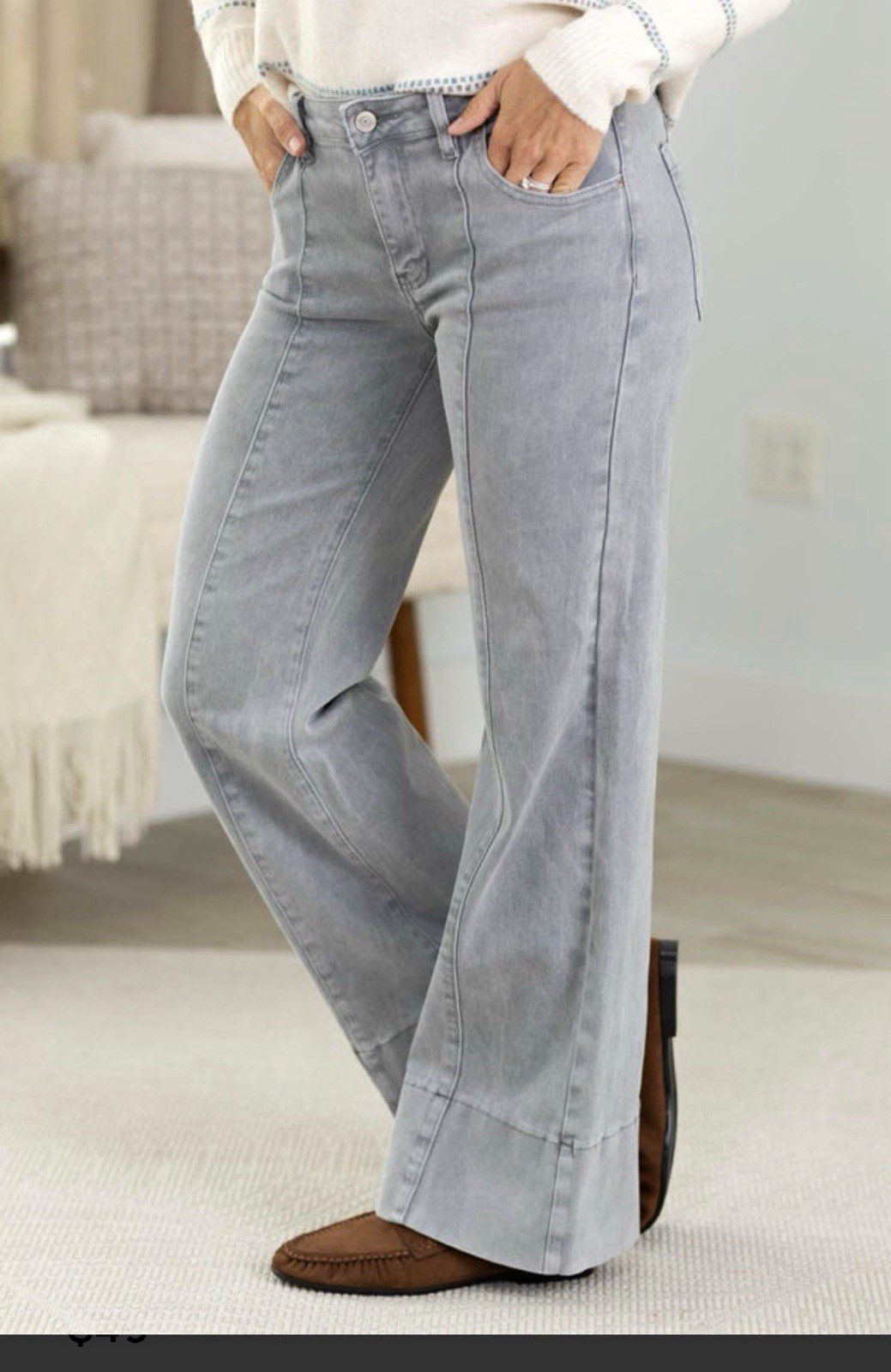 Zenana Women’s Gray Denim Wide-Leg High Rise Jeans 5-Pocket Zip Button