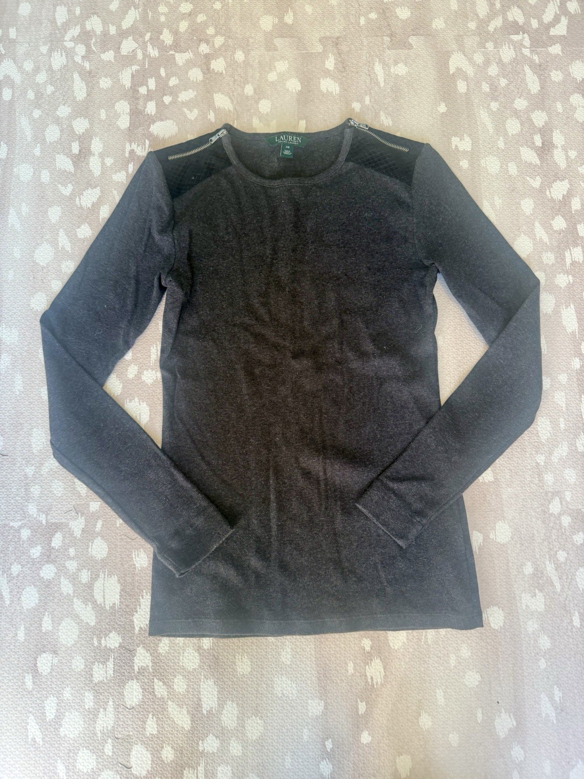 Lauren Ralph Lauren Grey Long Sleeve Cotton Top with Zipper and Shoulder Detail