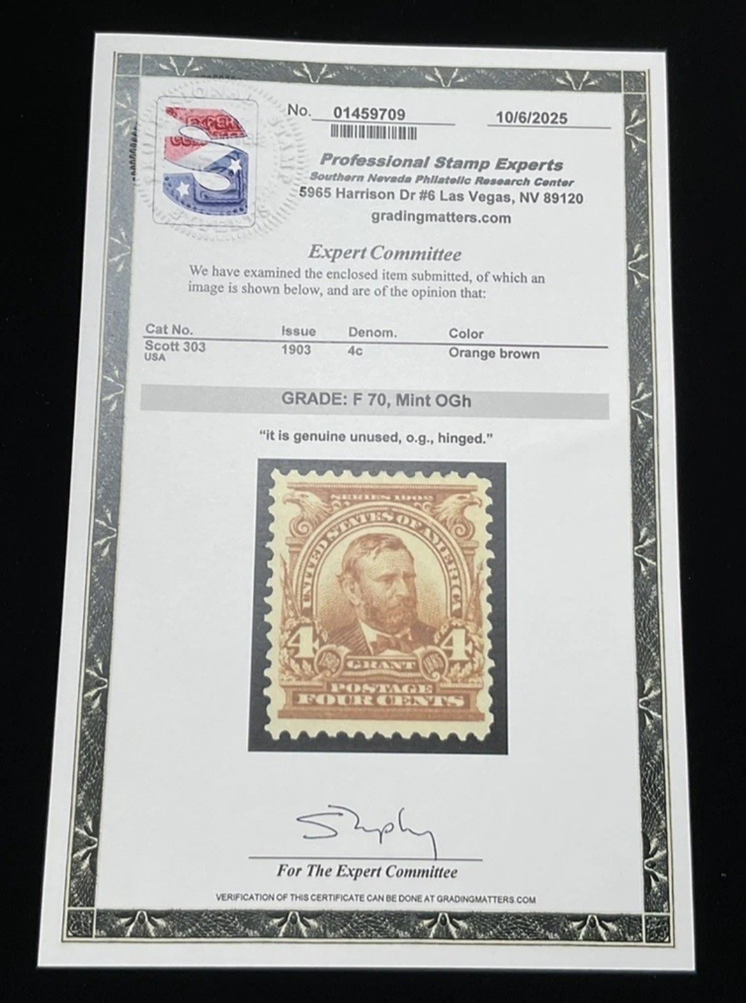 Scott 303 PSE Cert#01459709 F-70 Mint OGh Orange Brown 