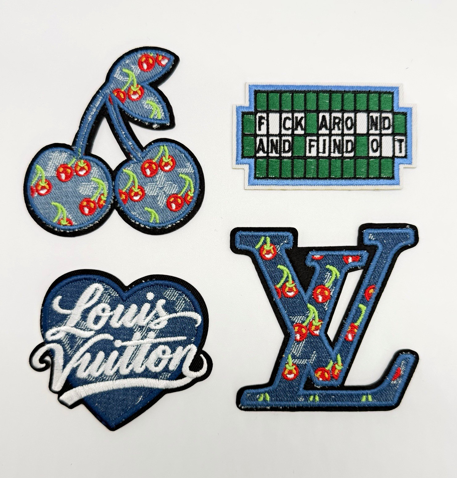 4pc Embroidered Iron-On Logo Patch Mixed Set Cherry Heart Style & Funny Text 4pc Embroidered Iron-On Logo Patch Mixed Set Cherry Heart Style & Funny Text