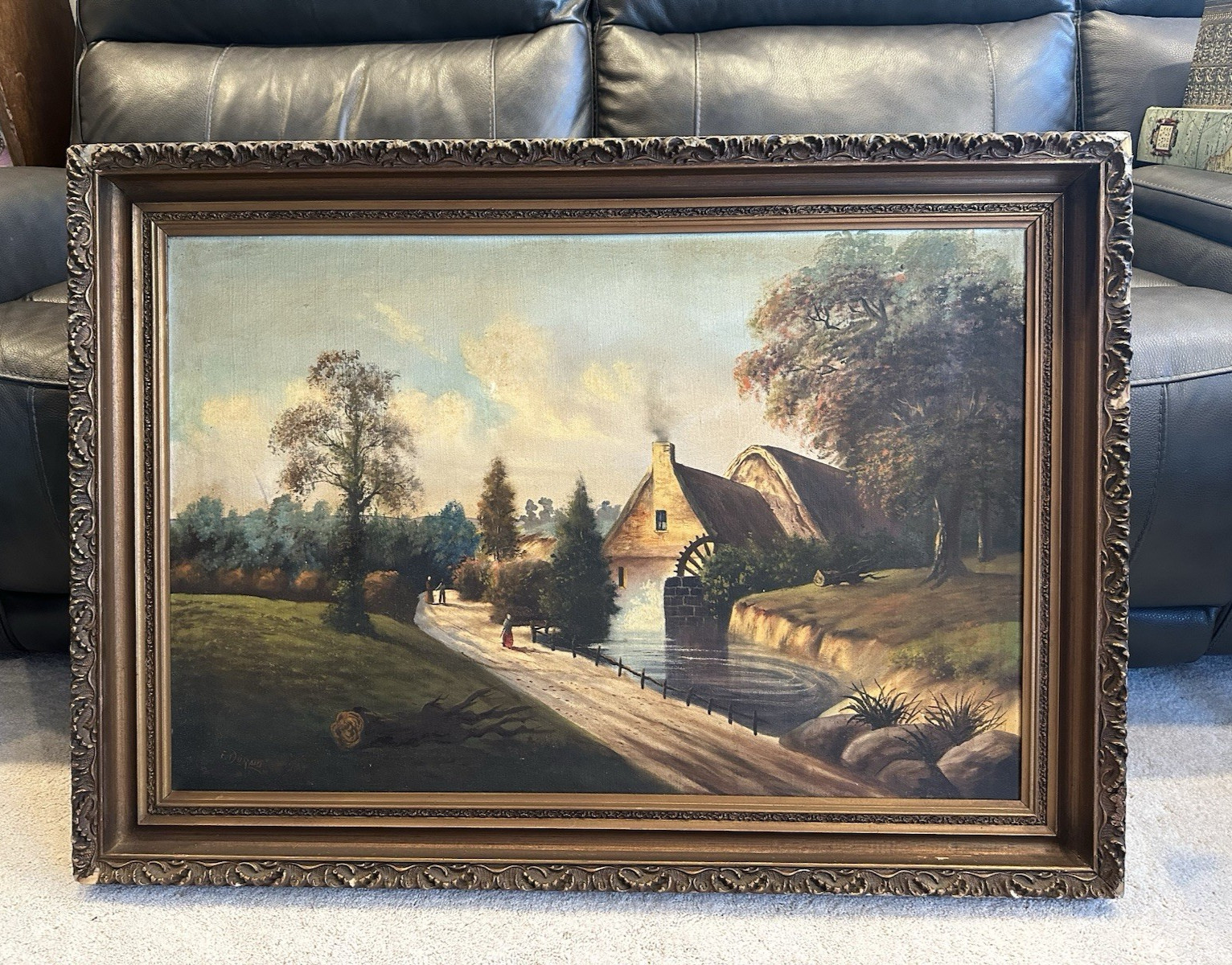 Lg Atq 19th c Pastoral Landscape Oil Painting Watermill European Folk Signed