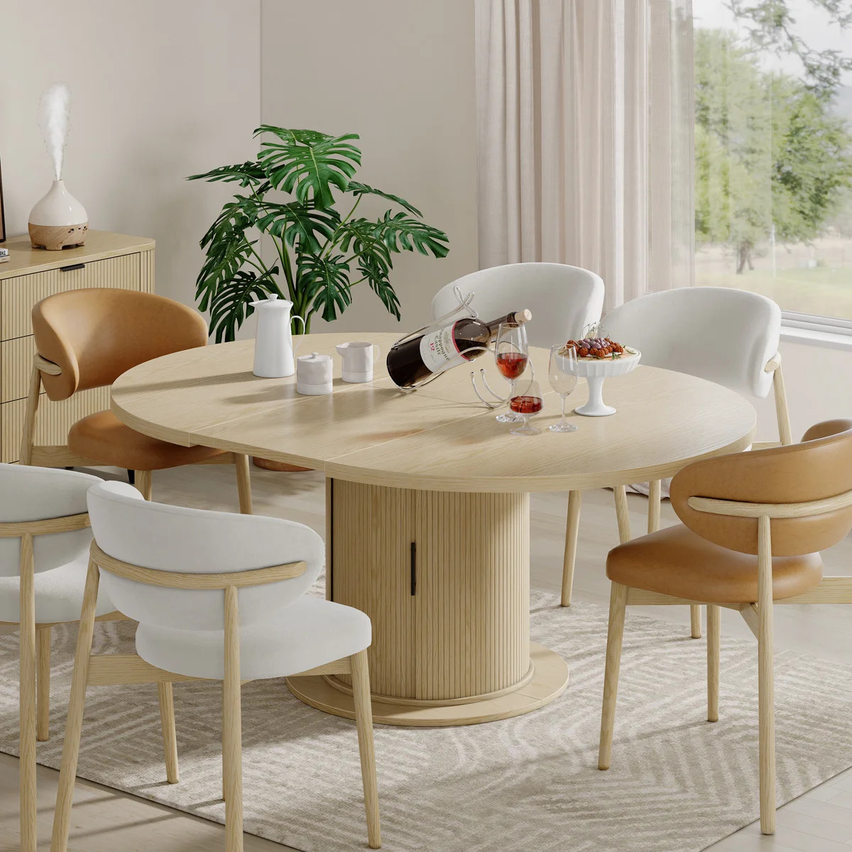 Extendable Round Dining Table for 6-8, Oval Kitchen Table with Storage Oak