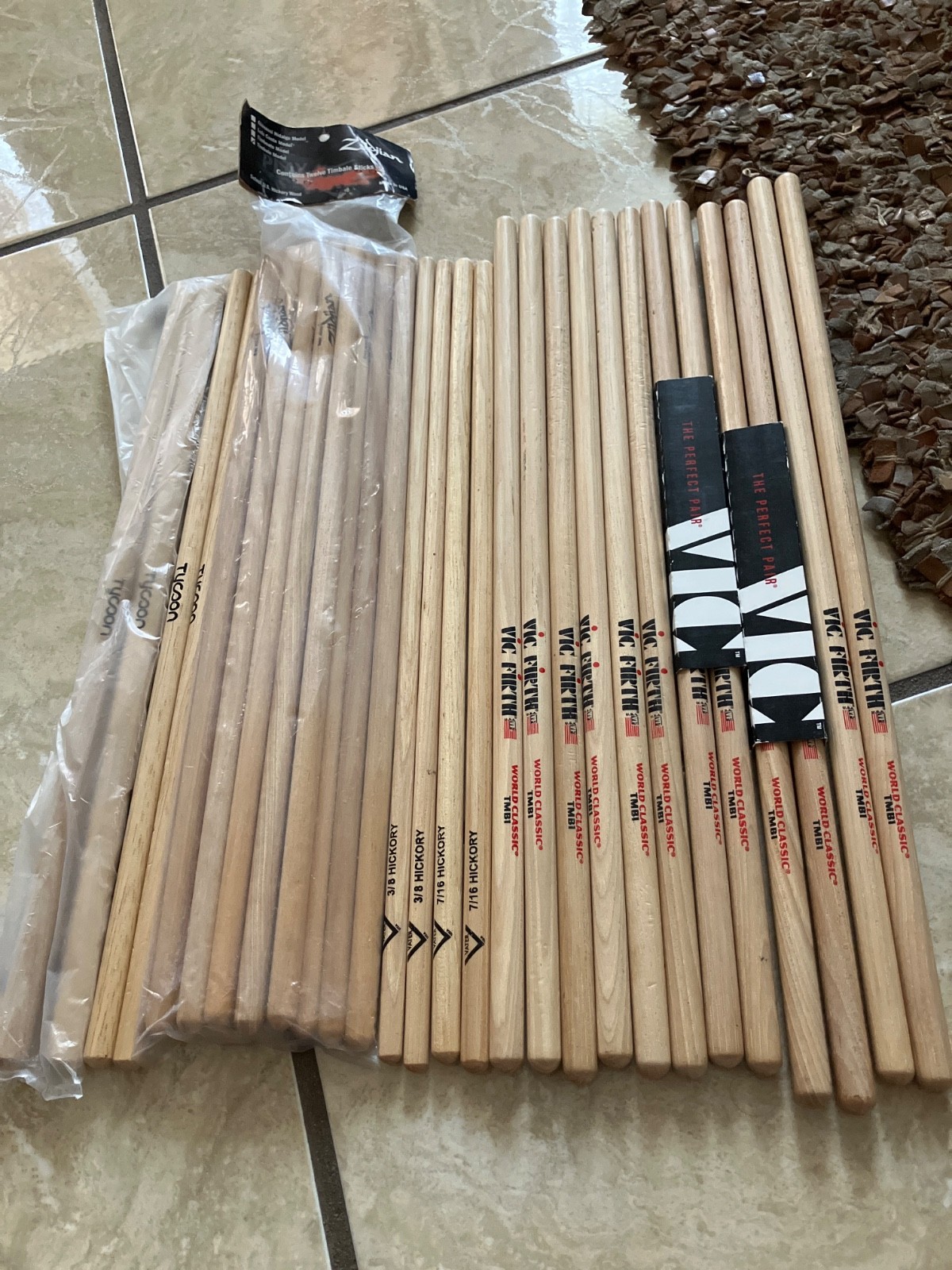 lot of 16 pairs of timbale sticks, VicFirth, Vater, Zildjian and Tycoon