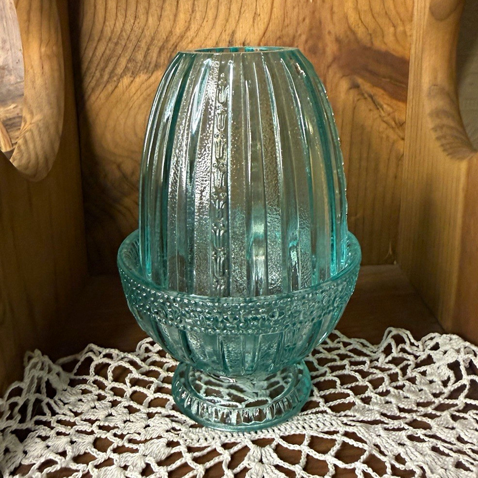 Beautiful Vintage Fenton Glass Aquamarine Ribbed Two Piece Fairy Lamp
