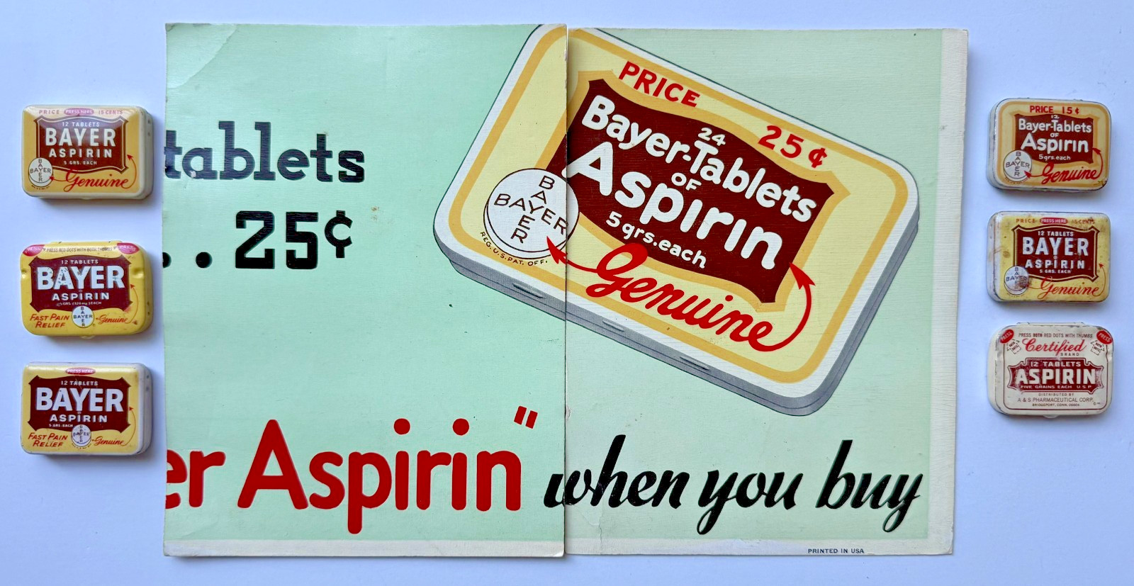 SIX Vintage Bayer Aspirin TINS w/Partial ORIGINAL STORE DISPLAY SIGN advertising SIX Vintage Bayer Aspirin TINS w/Partial ORIGINAL STORE DISPLAY SIGN advertising
