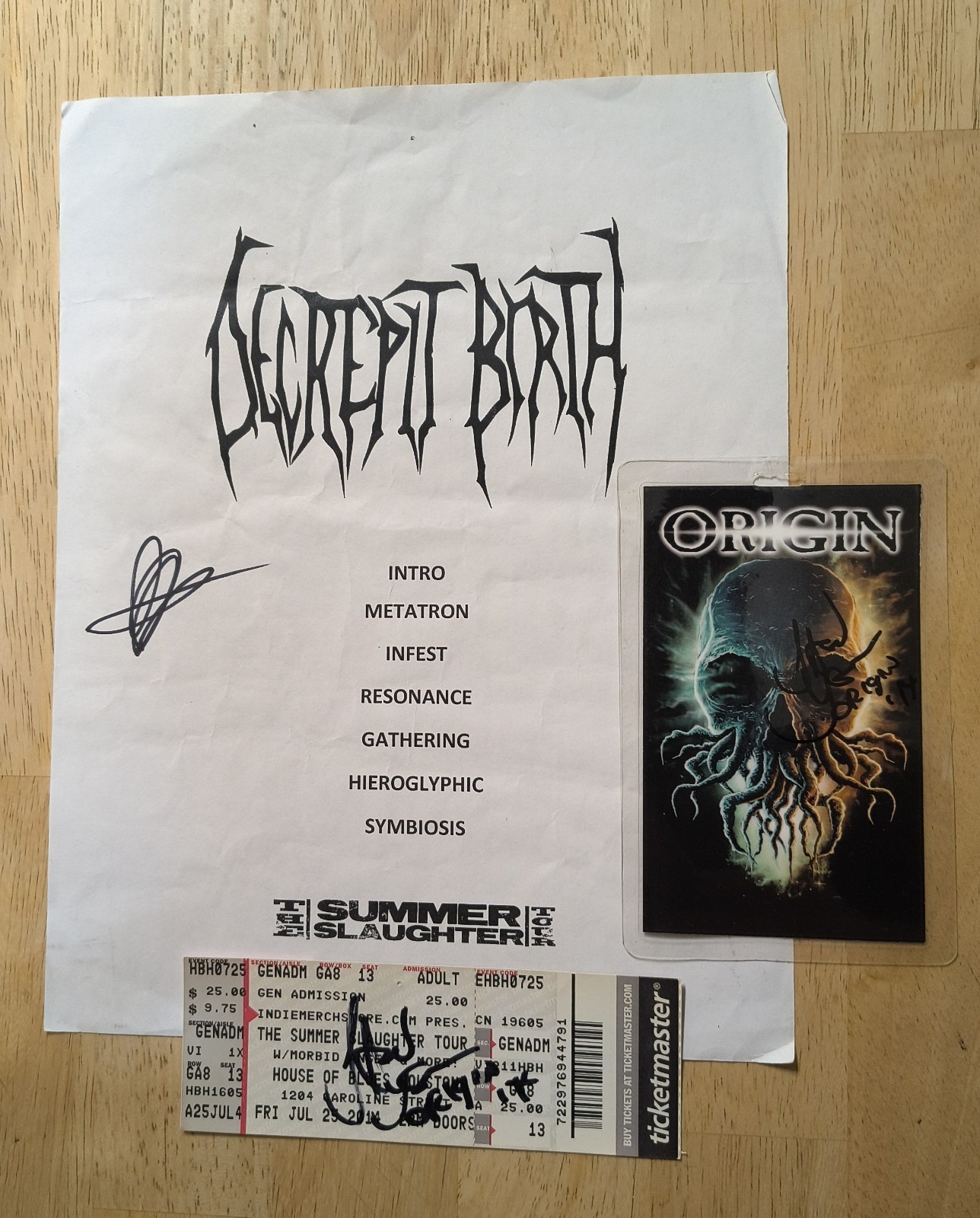 Decrepit Birth Setlist & Origin Ticket/Laminate (Signed) - Summer Slaughter 2014