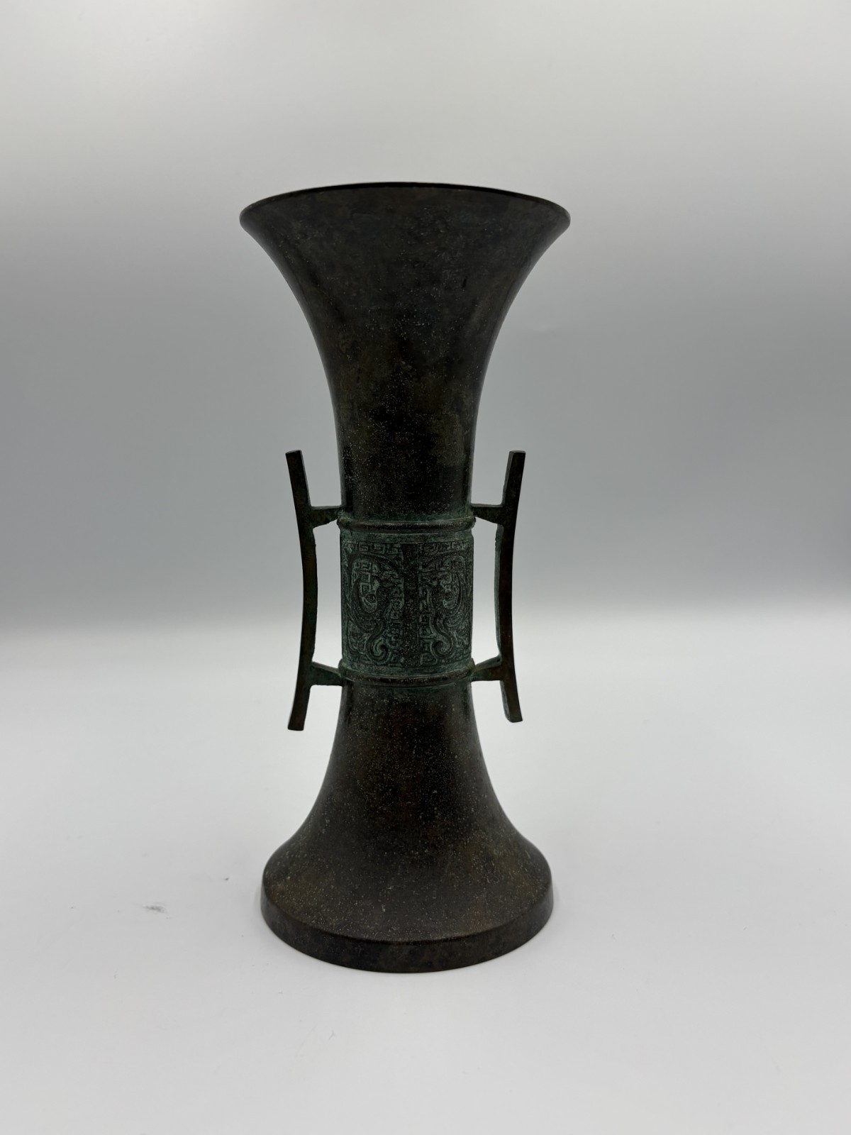 Vintage Archaistic Chinese Bronze Vase Gu Vessel Taotie Beaker