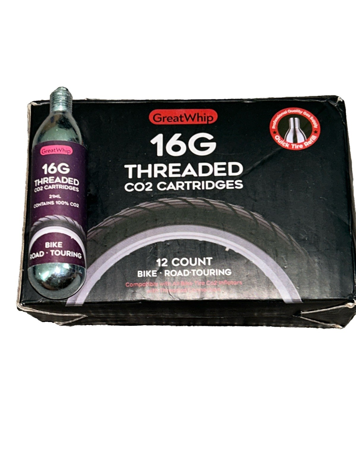 16g CO2 Cartridge For Bike Bicycle Tire Air Inflator Threaded GreatWhip 12 Count 16g CO2 Cartridge For Bike Bicycle Tire Air Inflator Threaded GreatWhip 12 Count