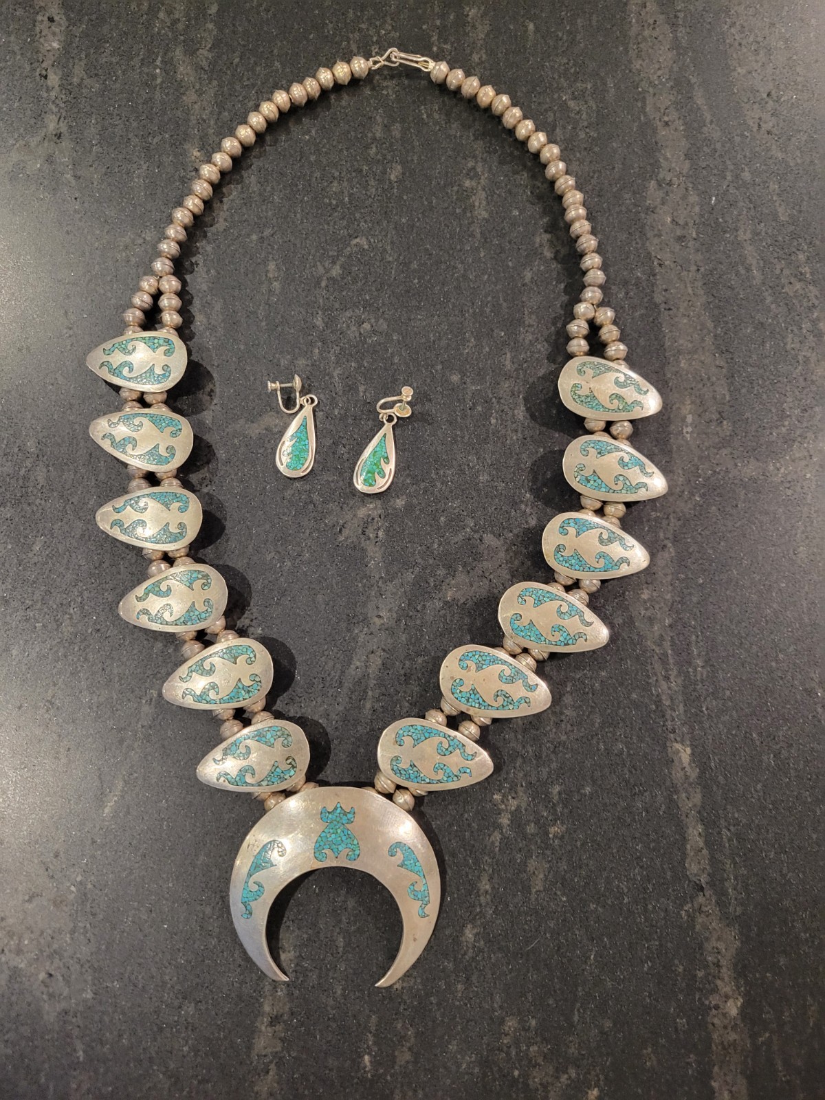 Vintage Native American Necklace/Earring Silver Turquoise Chip Inlay Set Vintage Native American Necklace/Earring Silver Turquoise Chip Inlay Set