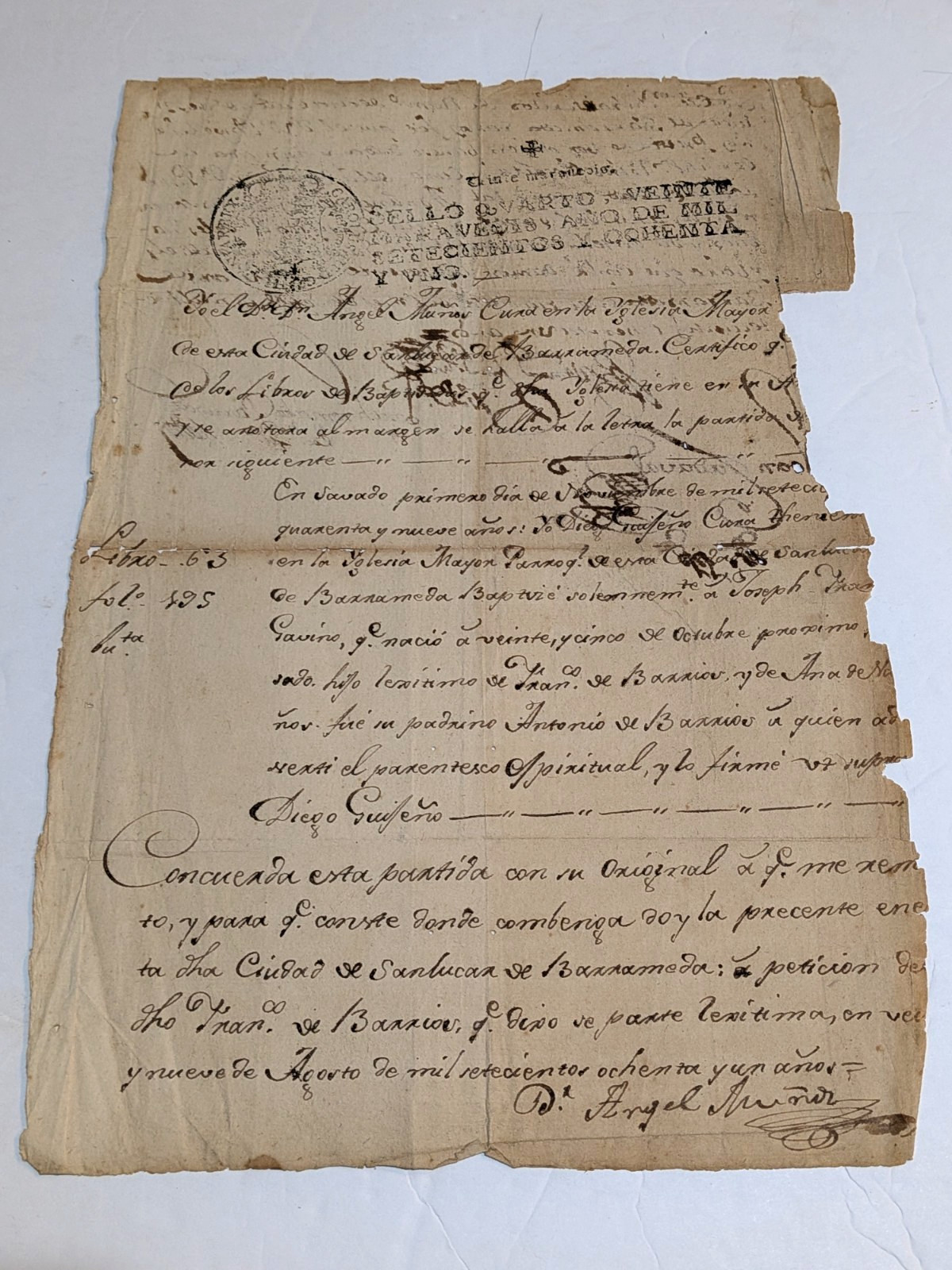 1781 Spanish Baptism Certificate Sanlúcar de Barrameda Ecclesiastical Document