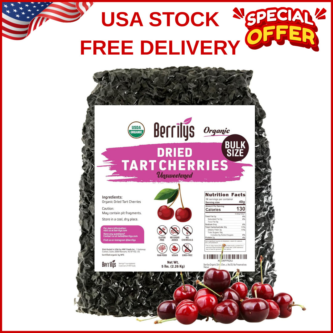 Delicious 5 lb Organic Unsweetened Pitted Dried Tart Cherries - Ideal for Salads