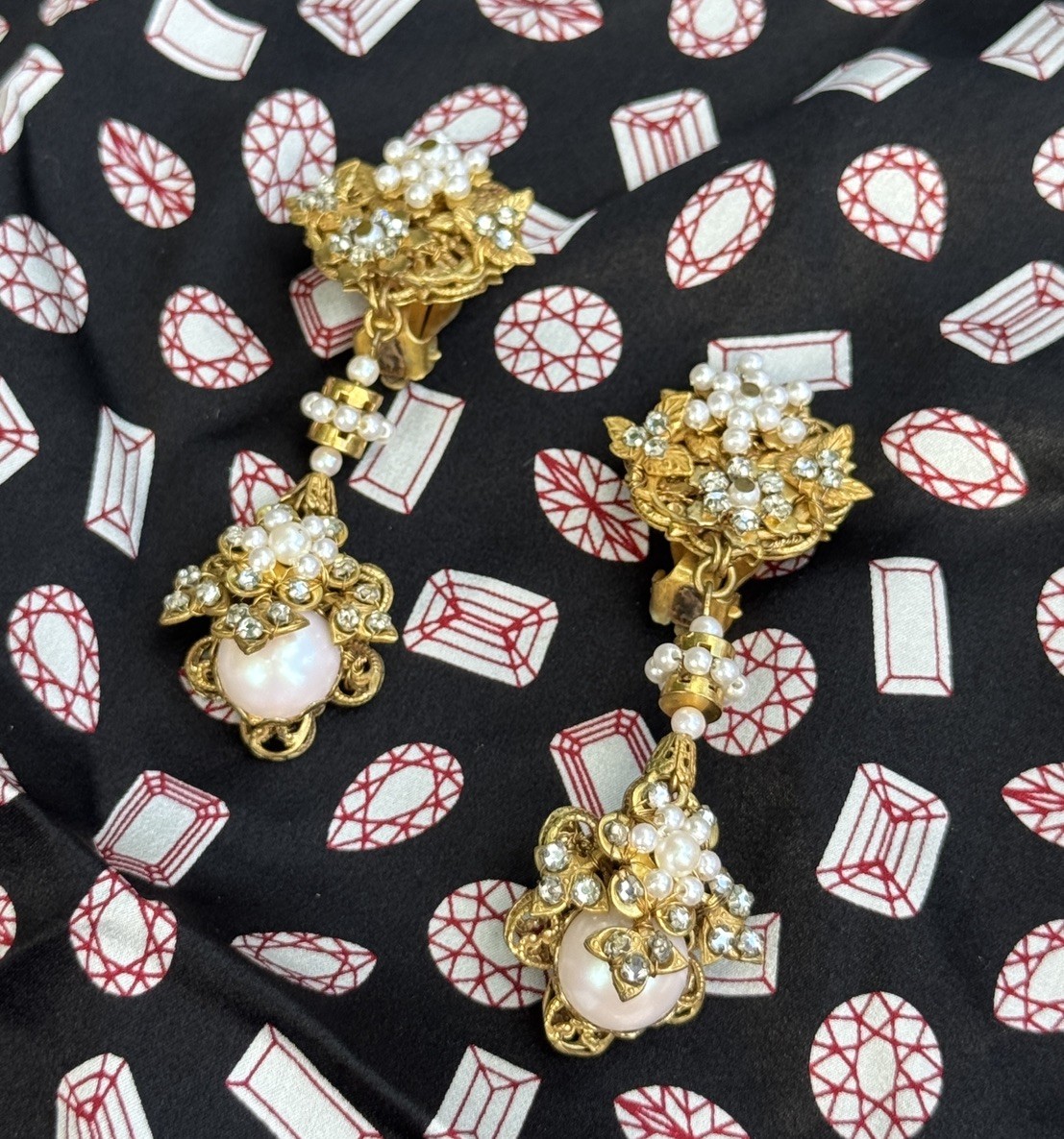 Vintage Miriam Haskell Style Faux Pearl Rhinestone Gold Dangle Clip Earrings