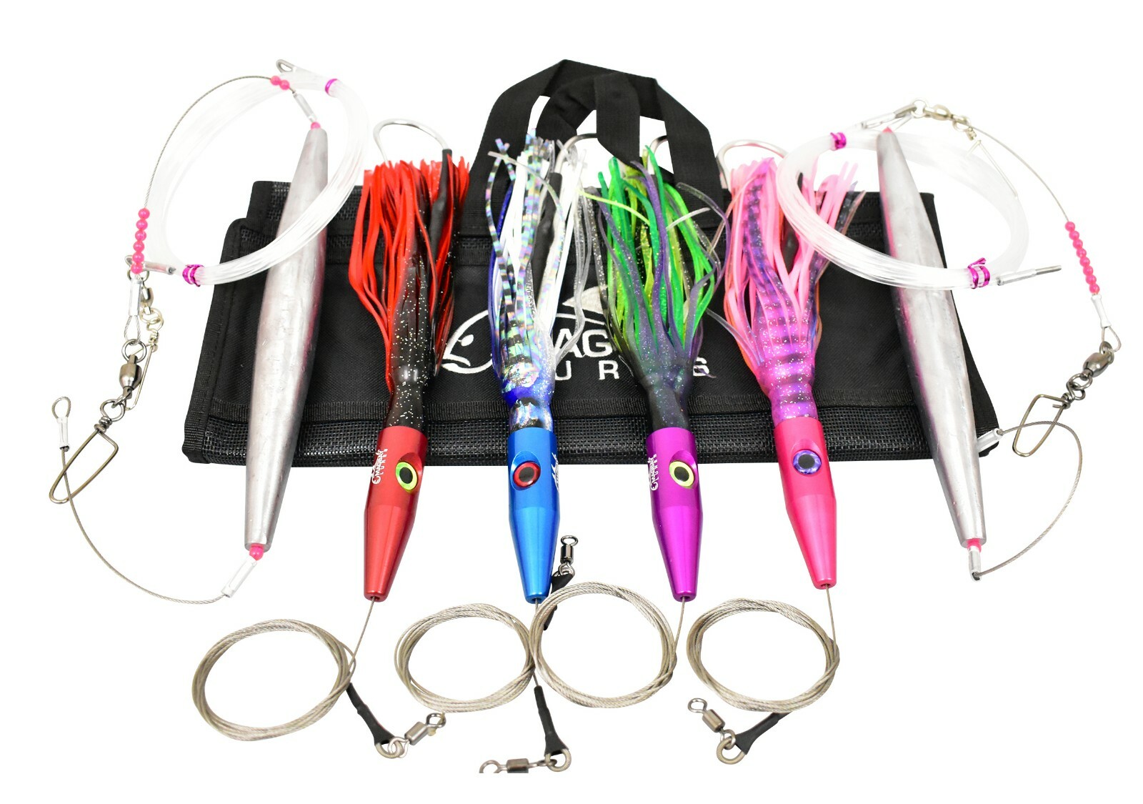 Wahoo Lure Set for High Speed Trolling 4 Lures, 2 Weights, Bag, Shock Leaders Wahoo Lure Set for High Speed Trolling 4 Lures, 2 Weights, Bag, Shock Leaders
