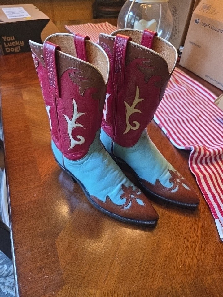 LUCCHESE 1883 WESTERN COWBOY BOOTS WOMENS Sz 7B VTG RED TURQUOISE BROWN LUCCHESE 1883 WESTERN COWBOY BOOTS WOMENS Sz 7B VTG RED TURQUOISE BROWN