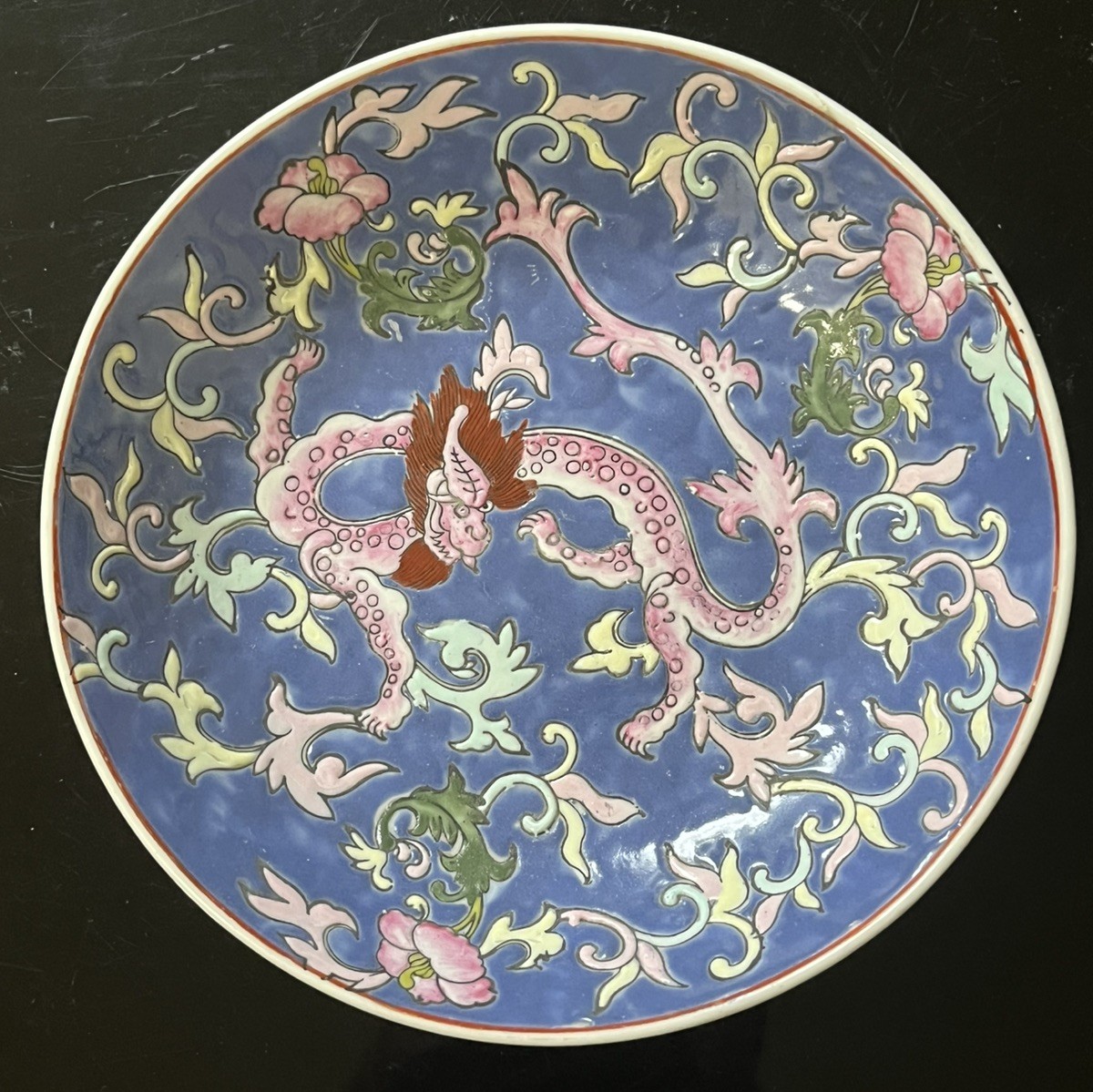Antique Hand painted Floral Dragon blue floral plate signed