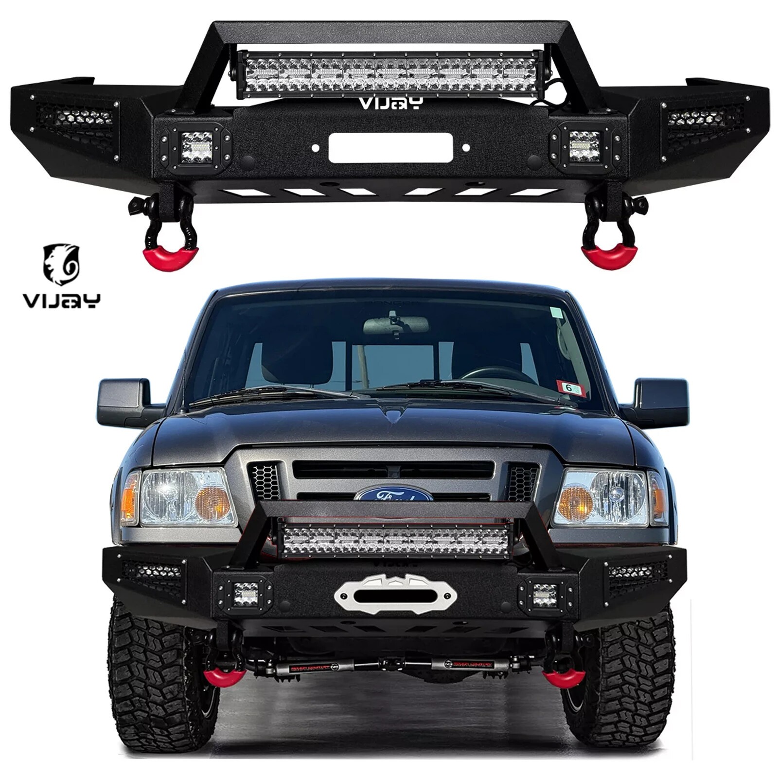 Vijay For 1998-2011 Ford Ranger Black Steel Front Bumper W/Winch Plate&LEDLights