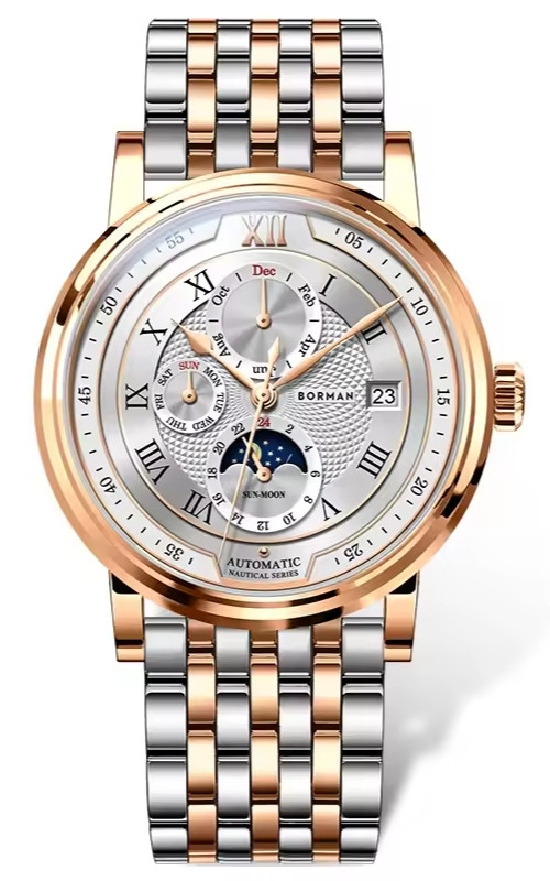 BORMAN Men\'s 40mm Luxury Wristwatch BM3868 MoonPhase Calendar Watch Gold/Silver