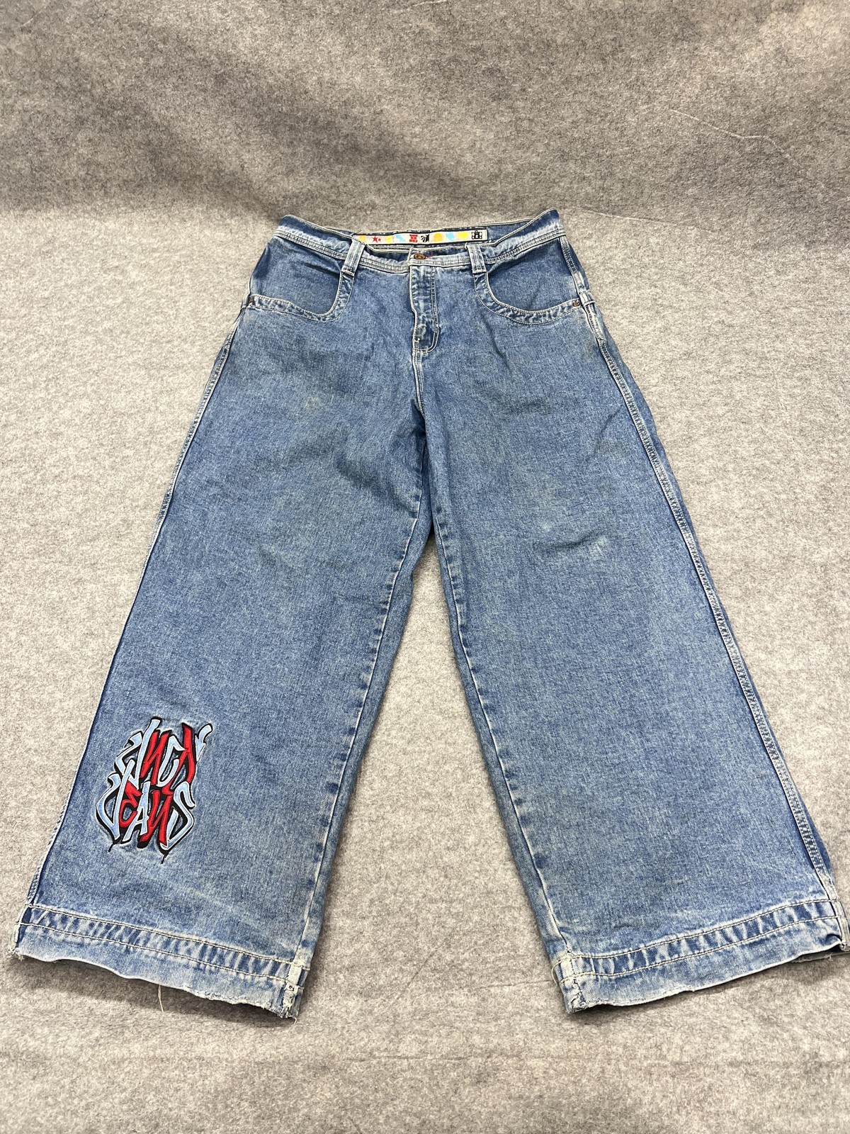JNCO Rollin Roots Jeans Mens 38x32 Blue Wide Leg Baggy Stone Distressed J360D2