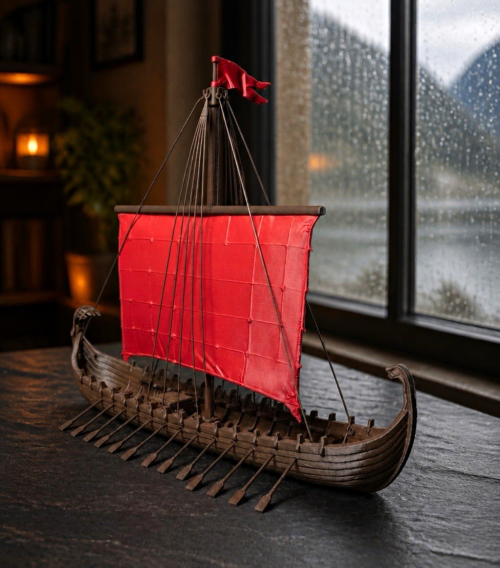 Viking Longship Ship Model, Pre-Built Painted Nautical Brown/Red Sail Viking Longship Ship Model, Pre-Built Painted Nautical Brown/Red Sail