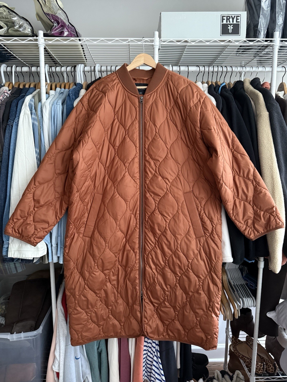 NWOT Everlane Renew Womens Long Liner Quilted Jacket Puffer Camel Copper XL NWOT Everlane Renew Womens Long Liner Quilted Jacket Puffer Camel Copper XL
