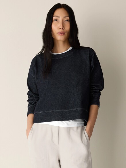 EILEENFISHER Cotton Indigo Knit Denim Crew Neck Top DARK WASH