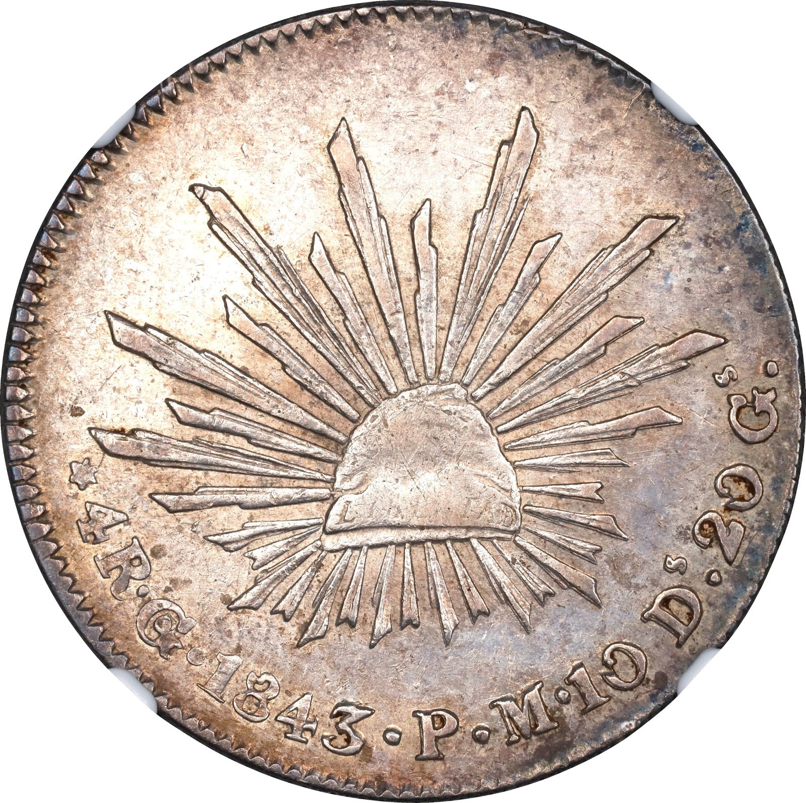 Mexico 4 Reales 1843/2-Go PM Overdate Guanajuato NGC AU-50. Second highest grade