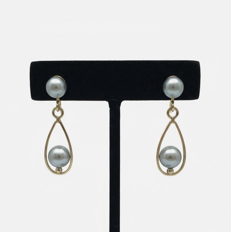 Vtg 14k Gold Blue Grey Pearl Estate Clip On Earrings