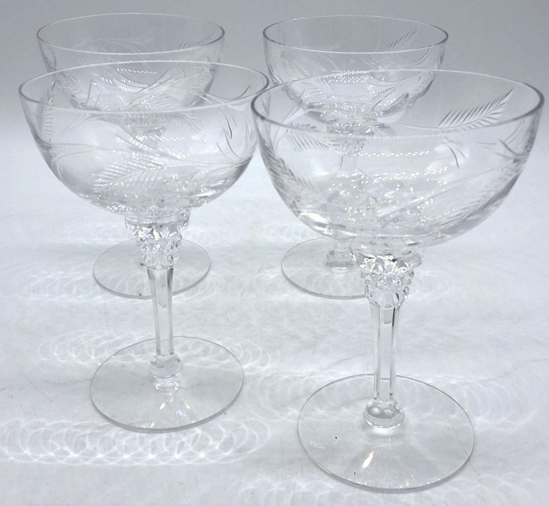 Set of 4 Vintage Tiffin style Etched Crystal Champagne Coupes - Wheat & Leaf