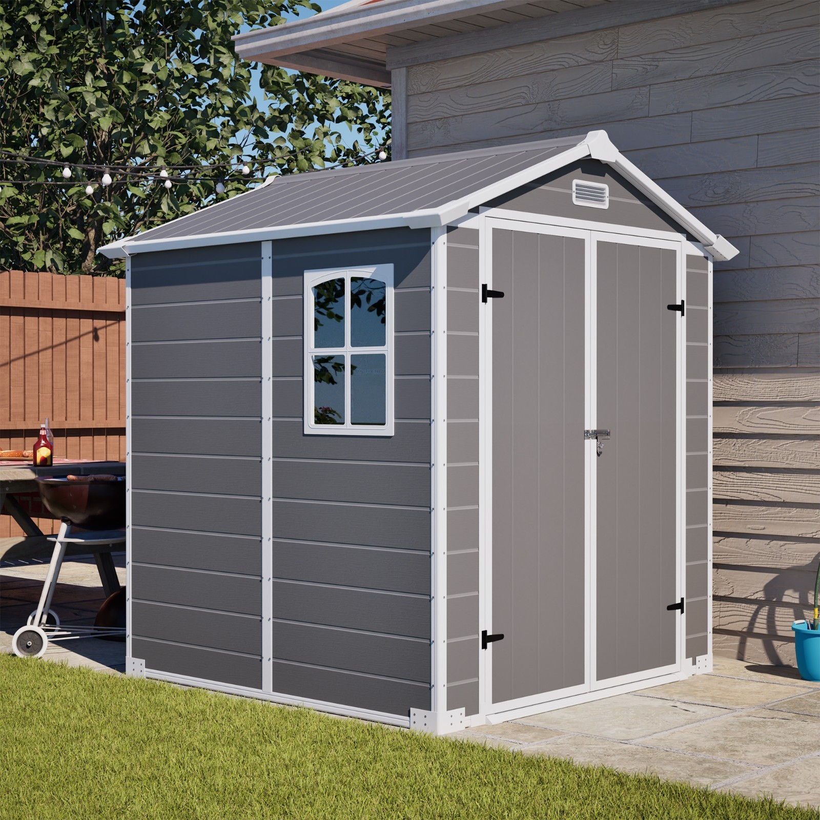Gray White Resin Shed 6x6, Double Door, Window & Vents, for Mower Tools Bikes Gray White Resin Shed 6x6, Double Door, Window & Vents, for Mower Tools Bikes