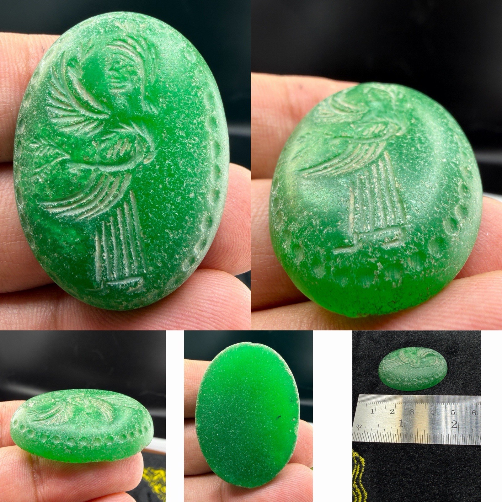Roman Greek Green Intaglio Winged Figure Oval Seal Amulet Carved Stone Roman Greek Green Intaglio Winged Figure Oval Seal Amulet Carved Stone