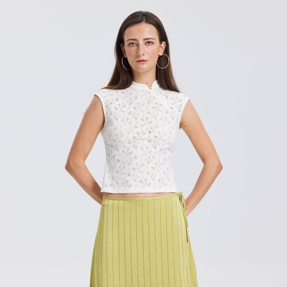 Women\'s Mini Cap Sleeve Mandarin Collar Lace Top - A New Day Cream M