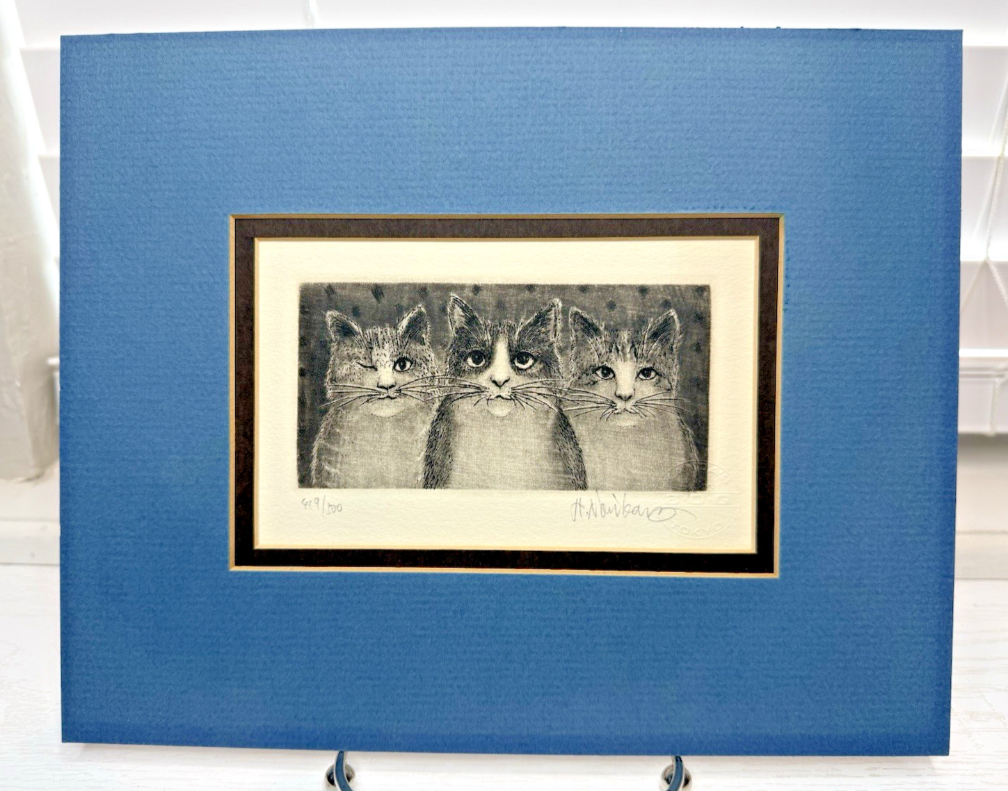 KANDA\'S GALLERY BOQ SIGNED THREE CATS ETCHING PRINT 419/500 HIROTO NORIKANE (P)