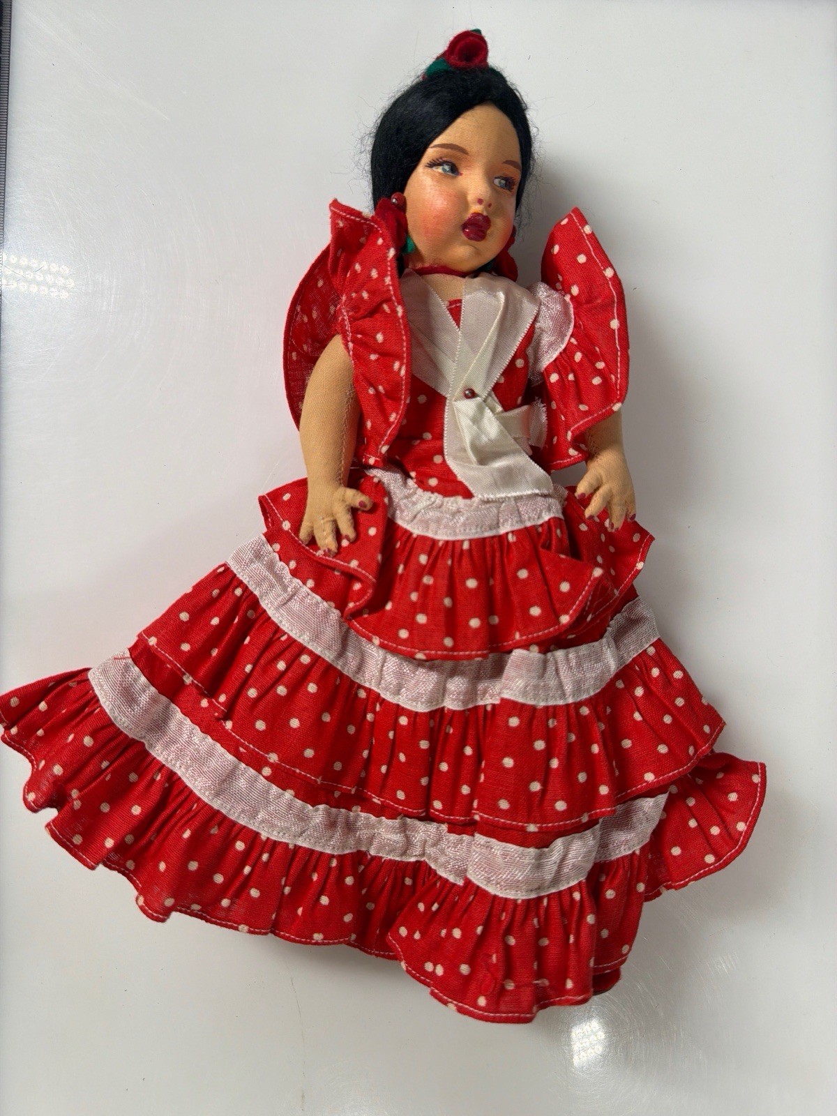 Vintage Spanish Flamenco Dancer Felt Cloth Souvenir Doll Red Polka Dot Dress