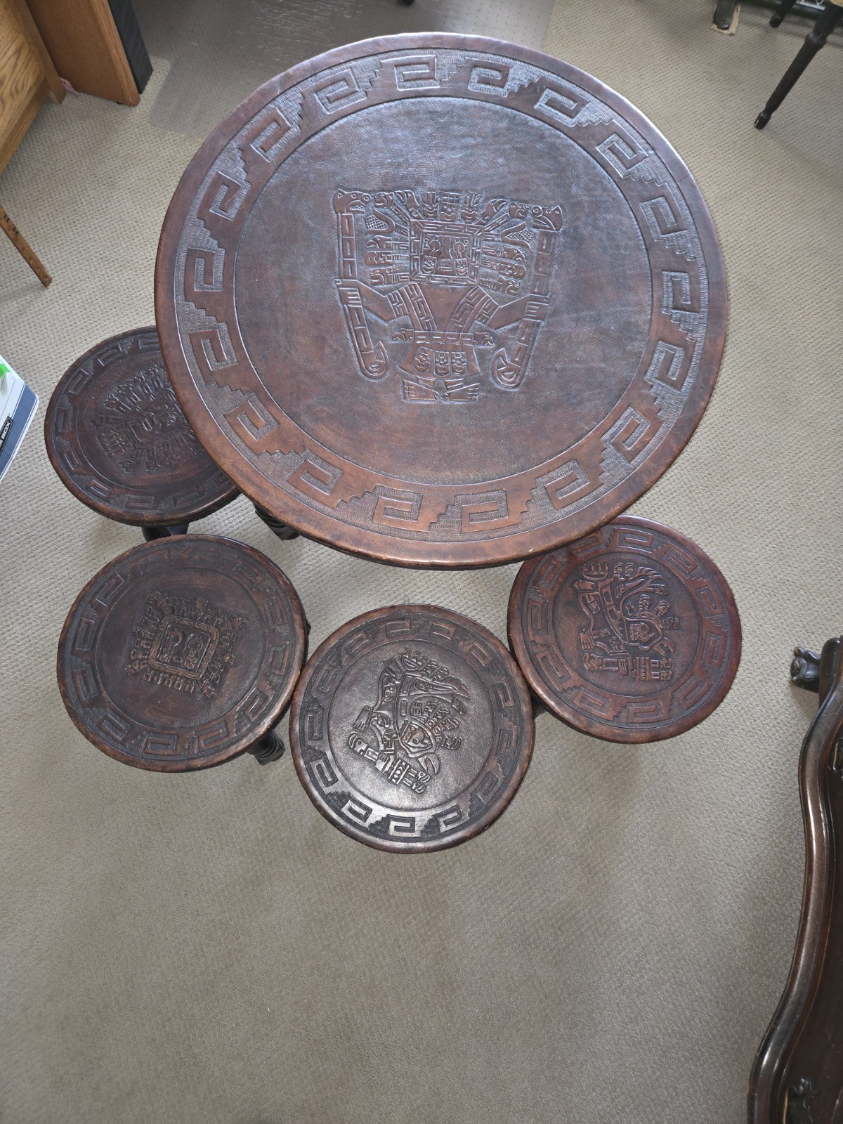 Rare Peruvian Hand Tooled Leather Wooden Coffee Table With 4 Stools Vintage
