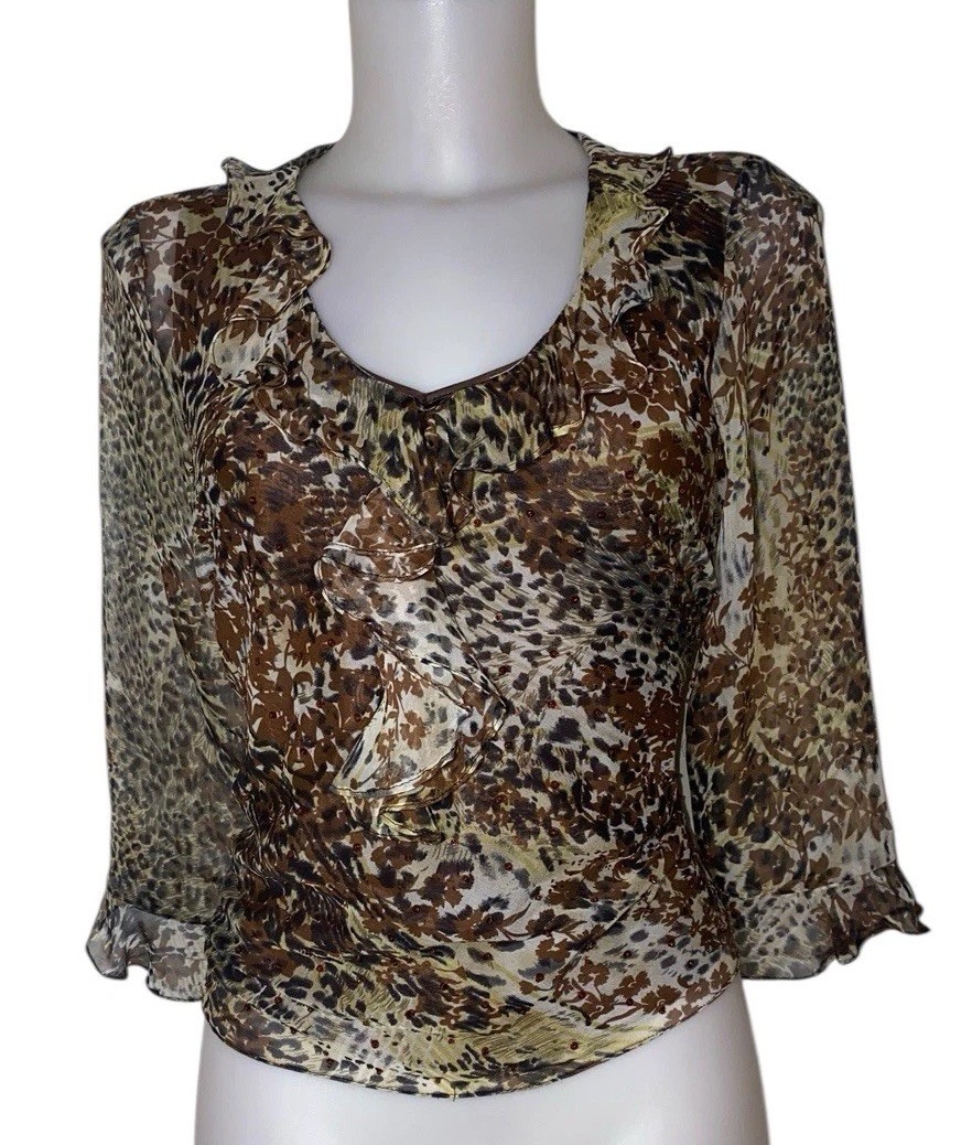90s Womens Victorian Brown Leopard Ruffle Sequins Whimsigoth Vampy Top Sz S