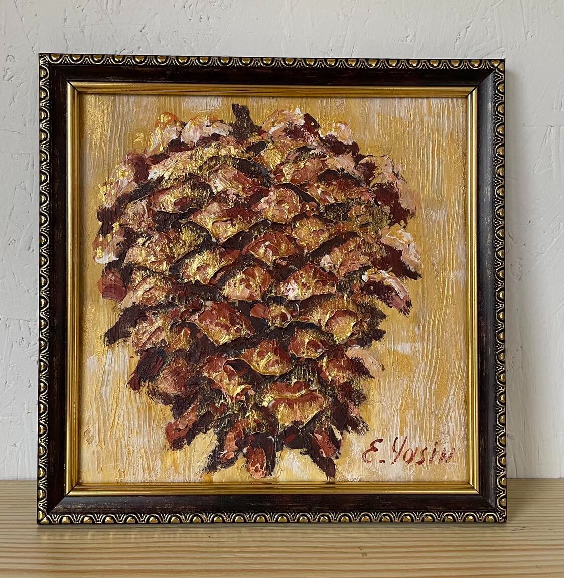 Original painting Pine cone 3D art Framed Gold wall decor Hand painted Signed