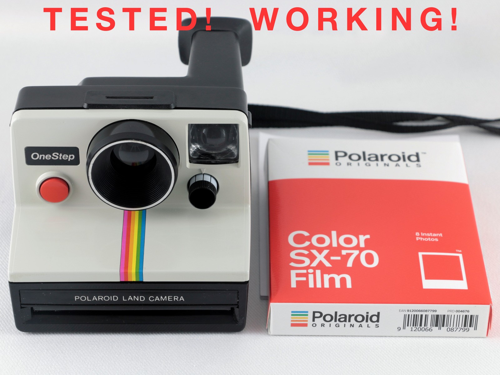 Vintage Polaroid SX-70 OneStep White Rainbow Stripe Instant Camera & Film TESTED